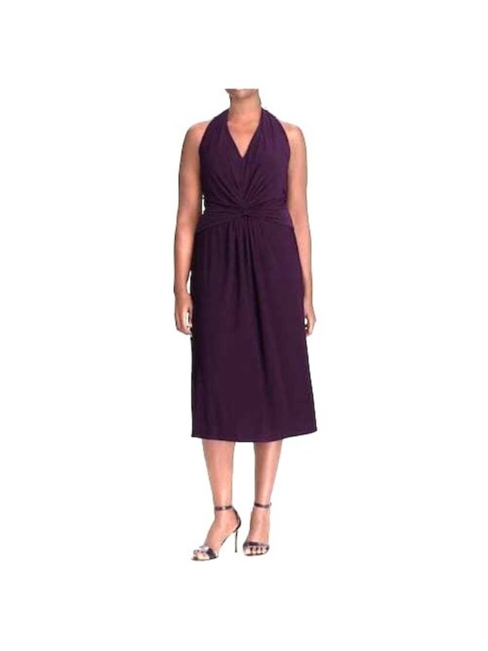 Chaps Dark Purple V-Neck Twist/Knot Jersey Sleeveless Midi Dress Size L Stretch